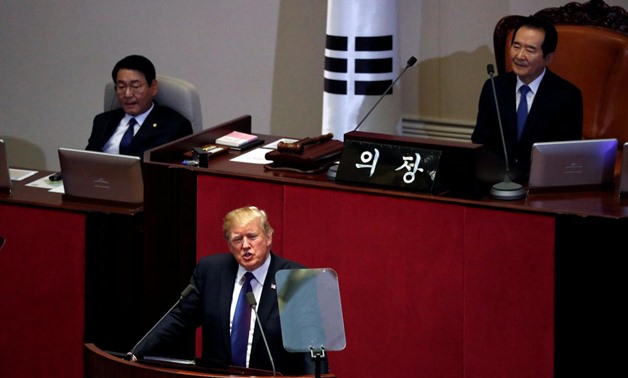 U.S. President Donald Trump speaks at the South Korean National Assembly in Seoul, South Korea, November 8, 2017. REUTERS/Jonathan Ernst.