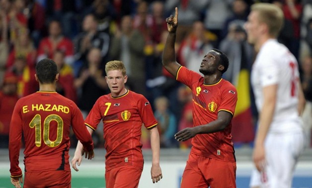 Belgium's Romelu Lukaku celebrates next to Eden Hazard (L) and Kevin De Bruyne (2nd L) after scoring against Luxembourg during their international friendly soccer match in Genk May 26, 2014. REUTERS/Laurent Dubrule
