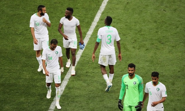 Soccer Football - World Cup - Group A - Uruguay vs Saudi Arabia - Rostov Arena, Rostov-on-Don, Russia - June 20, 2018 Saudi Arabia players look dejected after the match REUTERS/Marcos Brindicci
