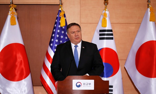 U.S. Secretary of State Mike Pompeo addresses a news conference alongside South Korean Foreign Minister Kang Kyung-wha and Japan's Foreign Minister Taro Kono at the Foreign Ministry in Seoul, South Korea June 14, 2018. REUTERS/Kim Hong-ji/File Photo