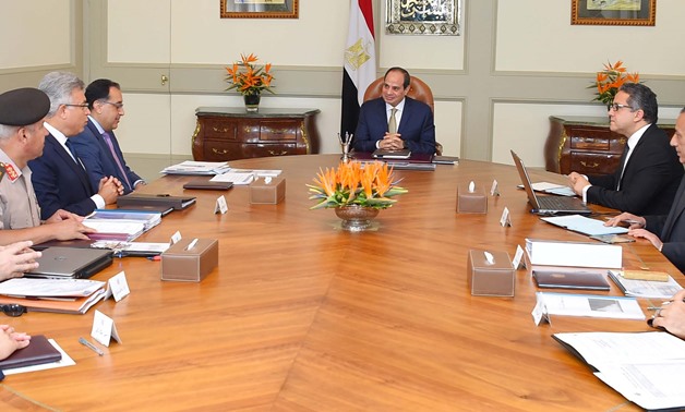 President Abdel Fatah al-Sisi’s meeting with Prime Minister Mostafa Madbouly, Minister of Antiquities Khaled al-Anany, Chairman of the Administrative Control Authority (ACA) Mohamed Erfan, Giza Governor Mohamed Kamal el-Daly, and Chief of the Engineering 
