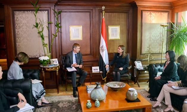 Investment Minister Sahar Nasr during her meeting with Swiss ambassador to Egypt Markus Leitner in Cairo source: press photo