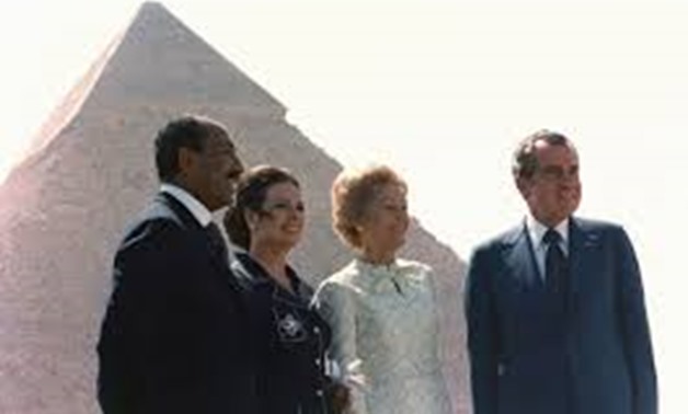 President Richard Nixon and Pat Nixon with President Anwar Sadat and Jehan Sadat at the Giza Necropolis Pyramids, the Great Pyramid of Khufu is Visible in the Background