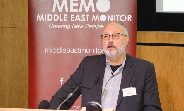 FILE PHOTO: Saudi dissident Jamal Khashoggi speaks at an event hosted by Middle East Monitor in London Britain, September 29, 2018. Middle East Monitor/Handout via REUTERS/File Photo
