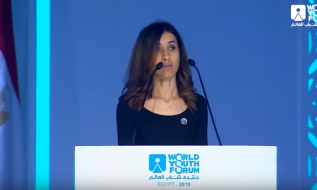 Yazidi Nobel peace prize winner Nadia Murad delivers a keynote speech in the opening of the 2018 World Youth Forum (WYF) in Sharm El Sheikh, Egypt. November 3, 2018. TV screenshot. 