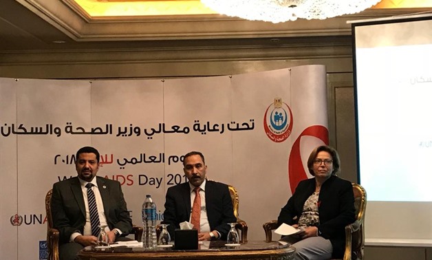 UNAIDS Country Manager Ahmed Khamis (l), Representative of Health and Population Mohamed Abdel, and United Nations Resident Coordinator in Egypt Randa Abou al-Hassan at World AIDS Day in Cairo on December 11, 2018. Egypt Today/Noha El Tawil
