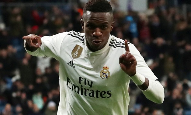 FILE PHOTO: Soccer Football - Spanish King's Cup - Round of 16 - First Leg - Real Madrid v Leganes - Santiago Bernabeu, Madrid, Spain - January 9, 2019 Real Madrid's Junior Vinicius celebrates after scoring their third goal REUTERS/Susana Vera/File Photo