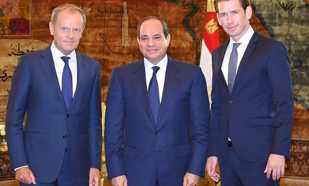 President Abdel Fatah El Sisi met with President of the European Council, Donald Tusk, and Austrian Chancellor, Sebastian Kurz on September 16, 2018- press photo
