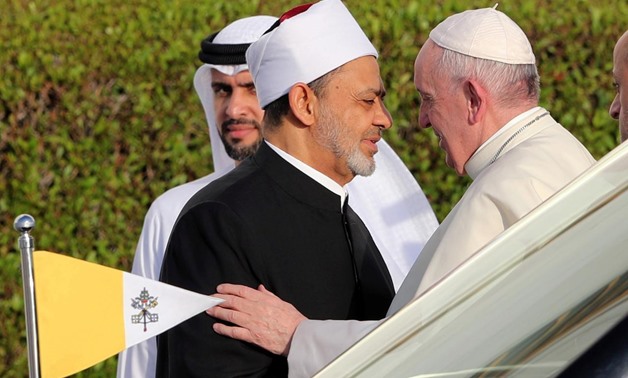 Pope Francis is welcomed by Grand Imam of al-Azhar Sheikh Ahmed al-Tayeb at the sheikh Zayed grand Mosque in Abu Dhabi, United Arab Emirates, February 4 - Reuters 