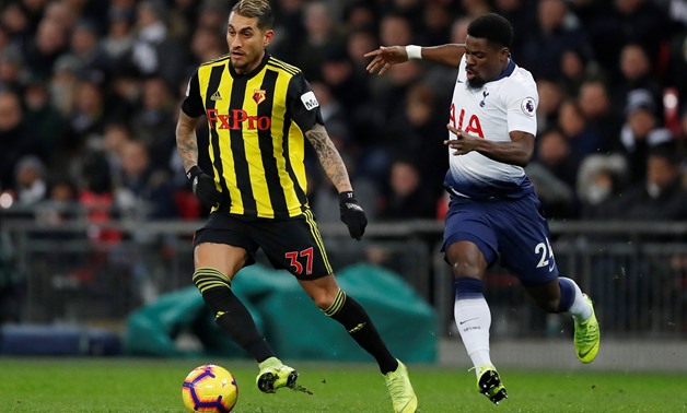 Soccer Football - Premier League - Tottenham Hotspur v Watford - Wembley Stadium, London, Britain - January 30, 2019 Tottenham's Serge Aurier in action with Watford's Roberto Pereyra Action Images via Reuters/Matthew Childs EDITORIAL USE ONLY. No use with