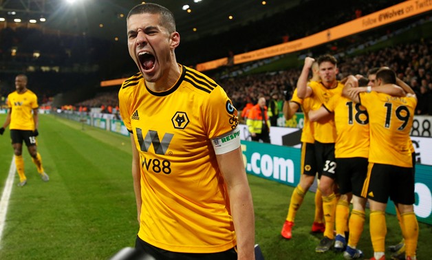 Soccer Football - FA Cup Quarter Final - Wolverhampton Wanderers v Manchester United - Molineux Stadium, Wolverhampton, Britain - March 16, 2019 Wolverhampton Wanderers' Conor Coady celebrates after Diogo Jota scores their second goal Action Images via Re