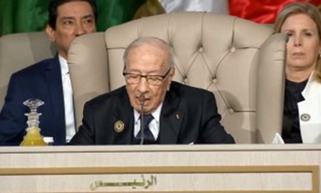 Tunisian President Beji Caid Essebsi Sunday during his speech at the 30th Arab summit in Tunisia - Press Photo