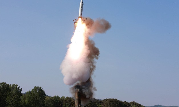 The scene of the intermediate-range ballistic missile Pukguksong-2's launch test in this undated photo released by North Korea's Korean Central News Agency - Reuters