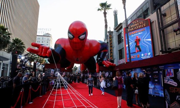 A giant spider-man balloon is seen above the red carpet along a closed Hollywood Blvd. outside the TCL Chinese Theatre for the World Premiere of Marvel Studios' "Spider-man: Far From Home" in Los Angeles, California, U.S., June 26, 2019. REUTERS/Danny Mol