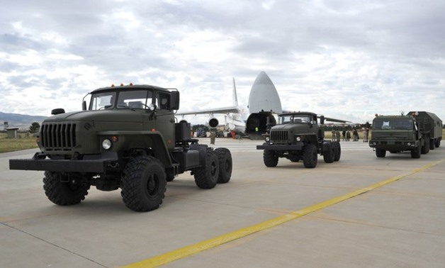 FILE PHOTO: First parts of a Russian S-400 missile defense system are seen after unloaded from a Russian plane at Murted Airport, known as Akinci Air Base, near Ankara, Turkey, July 12, 2019. Turkish Military/Turkish Defence Ministry/Handout via REUTERS
