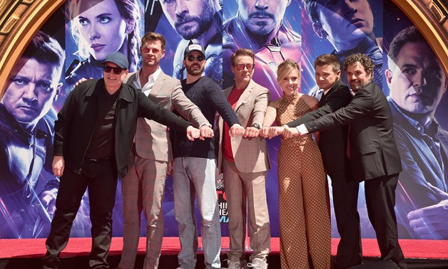 The cast of "Avengers" at the TCL Chinese Theater in Hollywood. Pictured from left: President of Marvel Studios/Producer Kevin Feige, Chris Hemsworth, Chris Evans, Robert Downey Jr, Scarlett Johansson, Jeremy Renner and Mark Ruffalo
