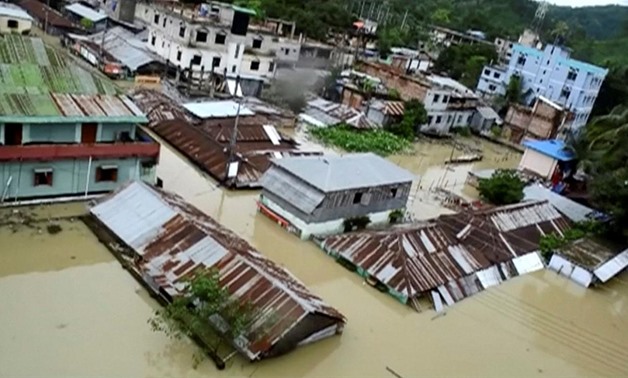 An aerial view showing the town half-submerged in floodwaters following landslides triggered by heavy rain in Khagrachari, Bangladesh, in this still frame taken from video June 13, 2017. REUTERS/REUTERS TV