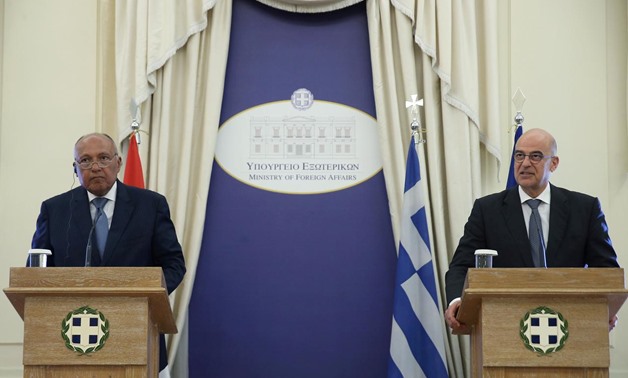Foriegn Minister Sameh Shoukry with his Greek counterpart Nikos Dendias addresses journalists during a joint press conference following a meeting at the Foreign Ministry in Athens, Greece July 30, 2019. REUTERS/Costas Baltas
