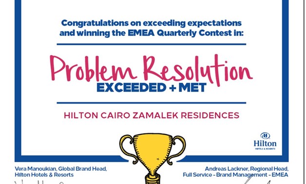 Hilton Cairo Zamalek Residences wins Q2 “Problem Resolution contest – Exceed & Meet Expectation” for the Europe, Middle East and Africa region! 
