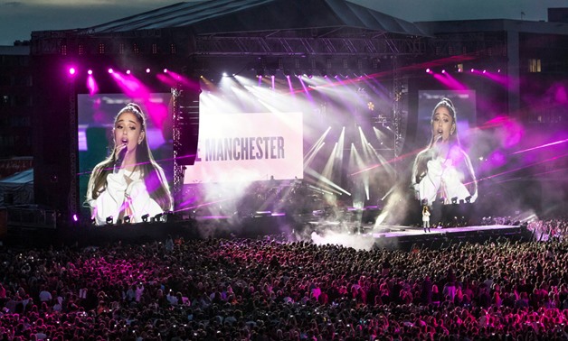 Ariana Grande performs during the One Love Manchester benefit concert for the victims of the Manchester Arena terror attack at Emirates Old Trafford, Greater Manchester, Britain Sunday. Danny Lawson/One Love Manchester/Handout via Reuters