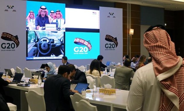 FILE PHOTO: Journalists sit in the media center during the meeting of G20 finance ministers and central bank governors in Riyadh, Saudi Arabia, February 22, 2020./File Photo
