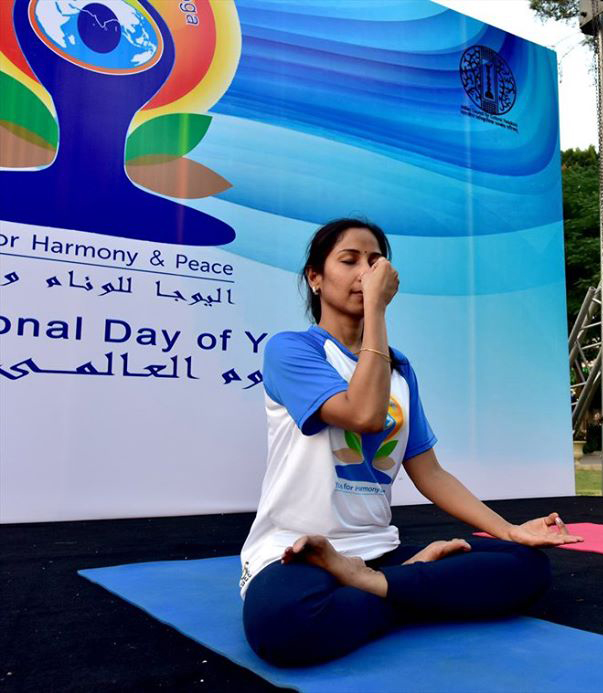 Anju Singh during the International Day of Yoga - Maulana Azad Center for Indian culture