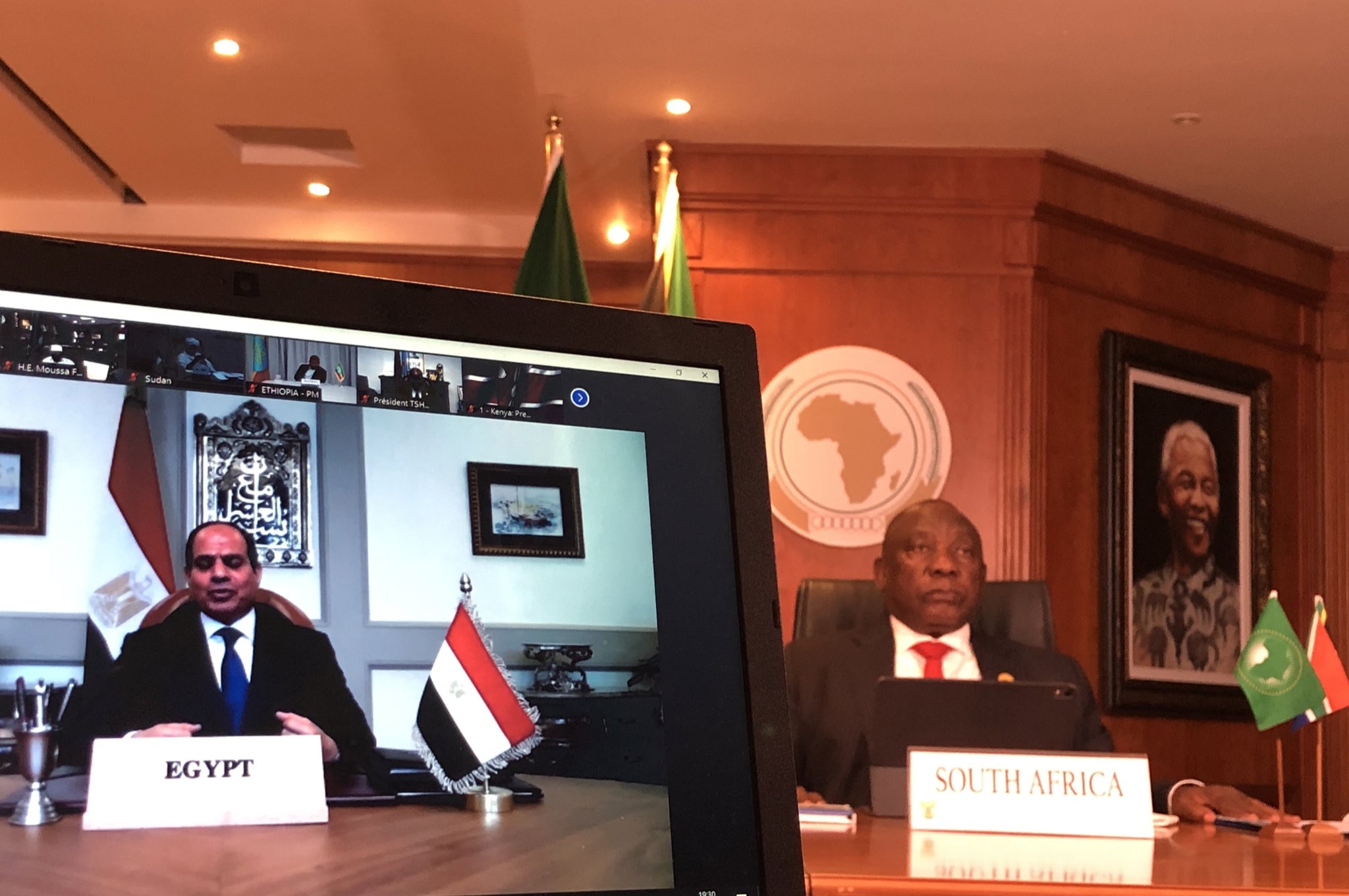 President Sisi gives his speech at the meeting- photo courtesy of the AU Chair 2020 Twitter Account